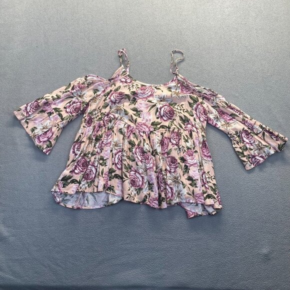 Torrid Women's Babydoll Textured Rayon Cold Shoulder Top Blush Floral Size 1 - Picture 9 of 13